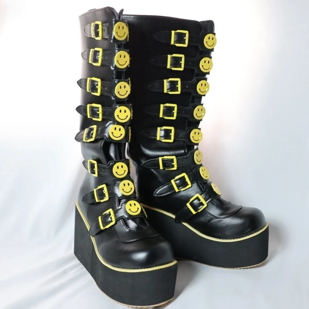 🅽🅴🆆 smiley face platform buckle boots, 90s happy face, EU 39 / US 7-8